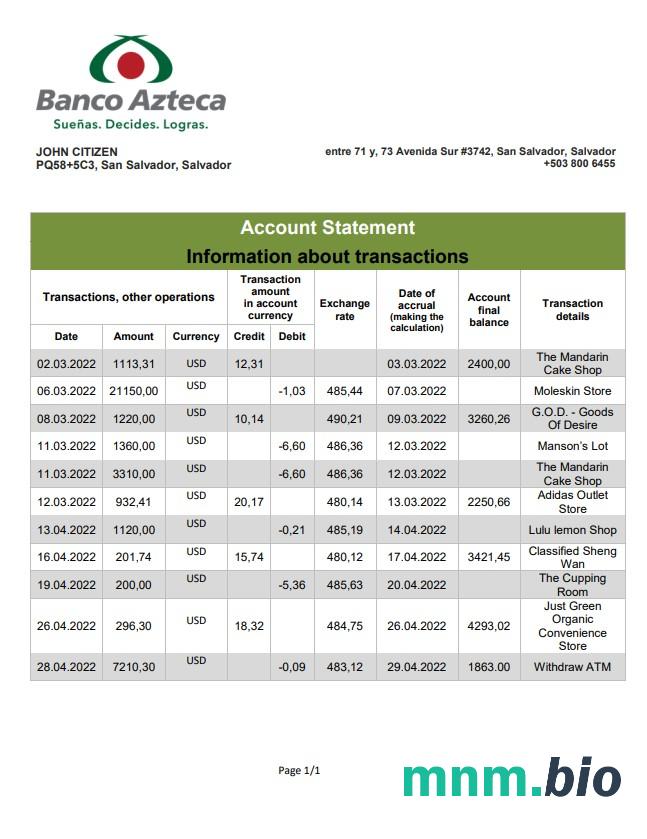 Salvador Banco Azteca wyciąg bankowy xls